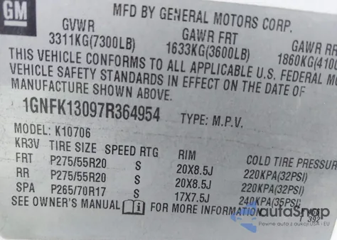 2007 Chevrolet Tahoe Ltz from USA, damaged, VIN 1GNFK13097R364954